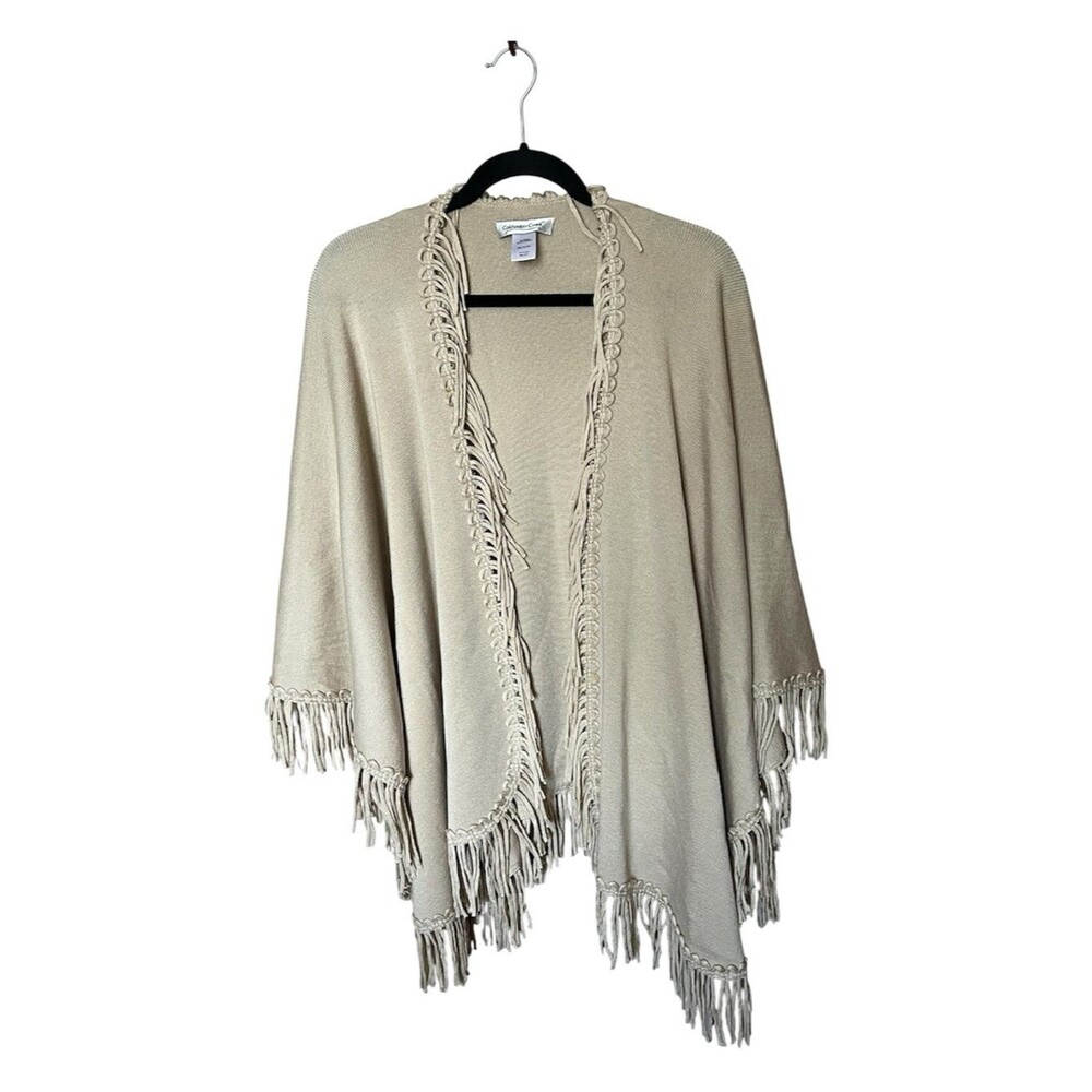 Coldwater Creek Beige Tan Fringe Poncho Shawl Top Sweater Shirt Size - One Size